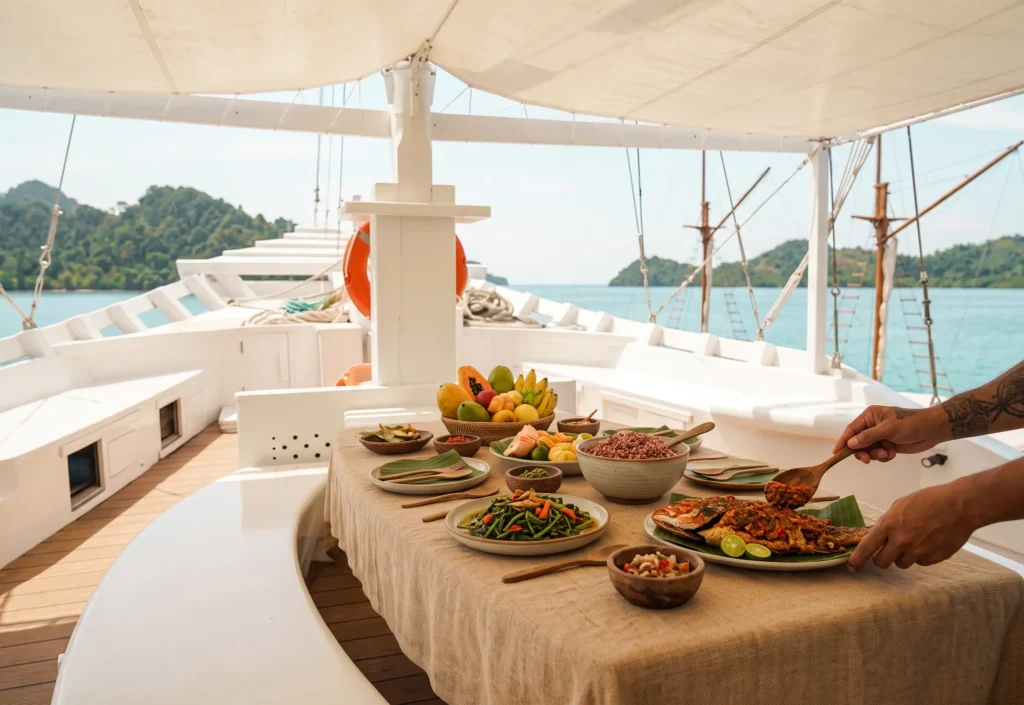 Indonesian-style buffet lunch served on the deck table of a traditional phinisi boat