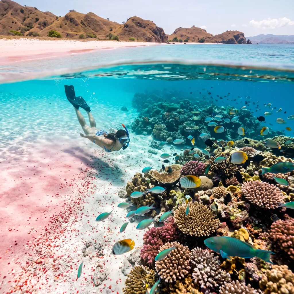 Pink sand shoreline and turquoise water at Pink Beach, Komodo Island
