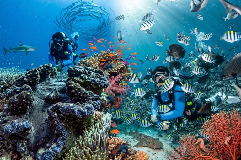 Schooling trevallies and sweepers over the sloping reef at Cape Kri, Dampier Strait, Raja Ampat