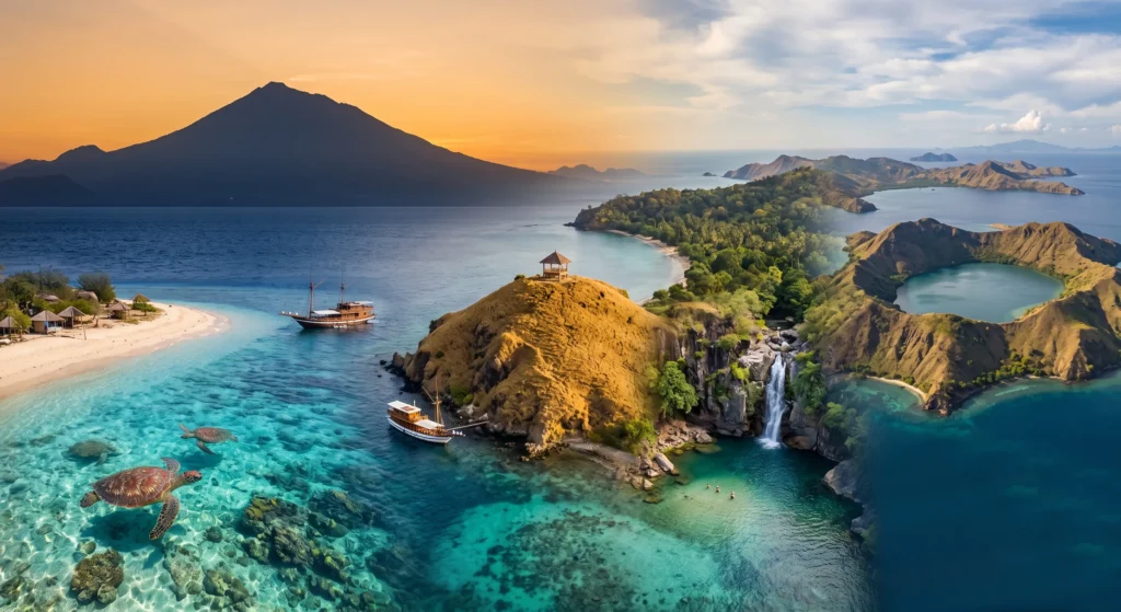 Lombok island coastline, the departure point for a phinisi liveaboard crossing to Komodo