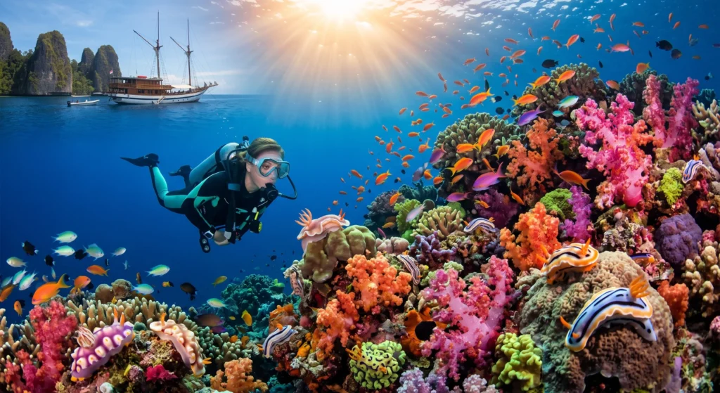 Soft corals and nudibranchs covering the reef at Nudi Rock, Misool