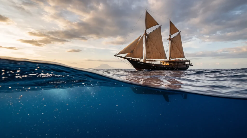 Traditional phinisi liveaboard under sail on the open Banda Sea between Ambon and Sorong