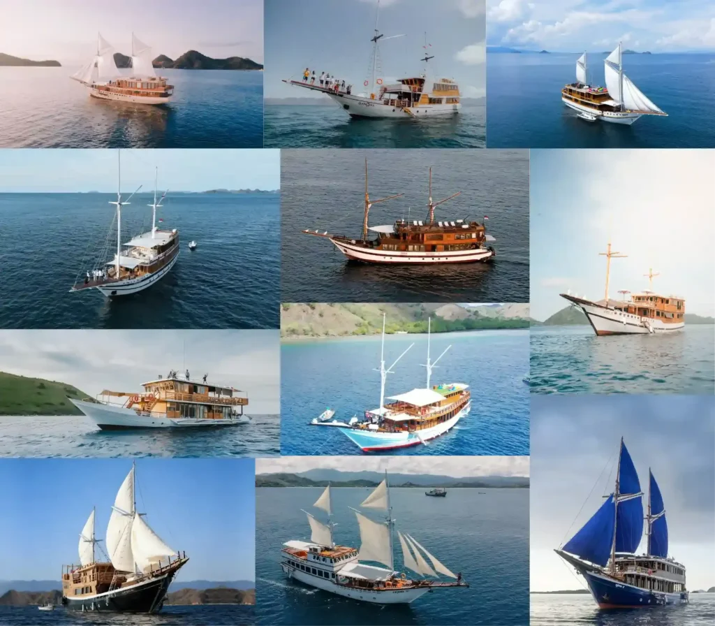 Phinisi liveaboard anchored off Banda Neira with the Gunung Api volcano behind
