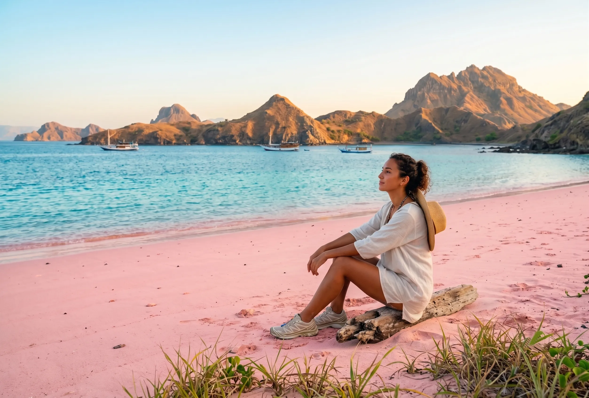 Pink sand shoreline at Pantai Merah in Komodo National Park
