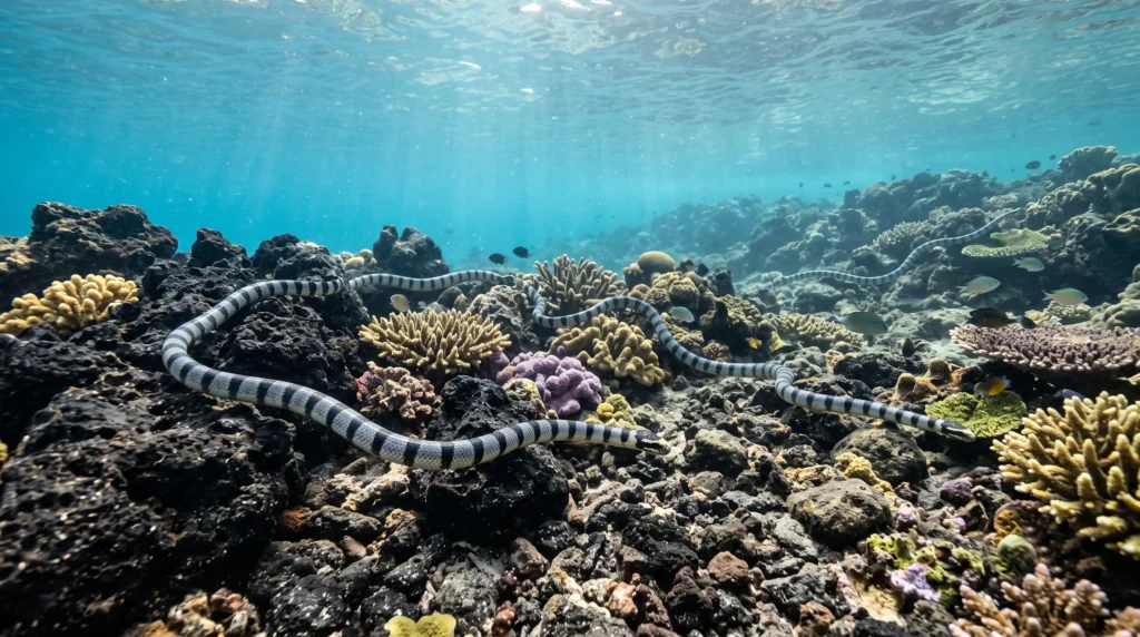 Banded sea snakes on the shallow reef at Manuk, an uninhabited volcanic cone
