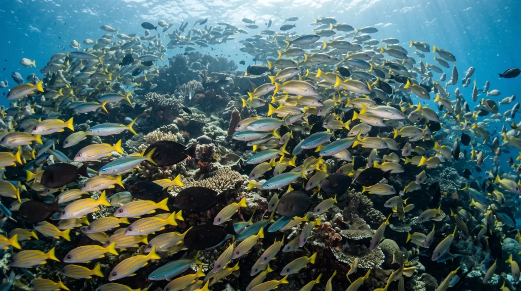 Dense reef fish aggregation at the Too Many Fish site off Koon Island