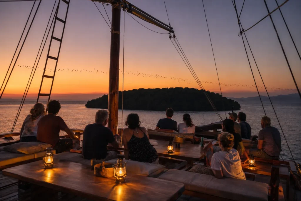 Guests watching the flying fox departure from the deck of a phinisi at Kalong Island