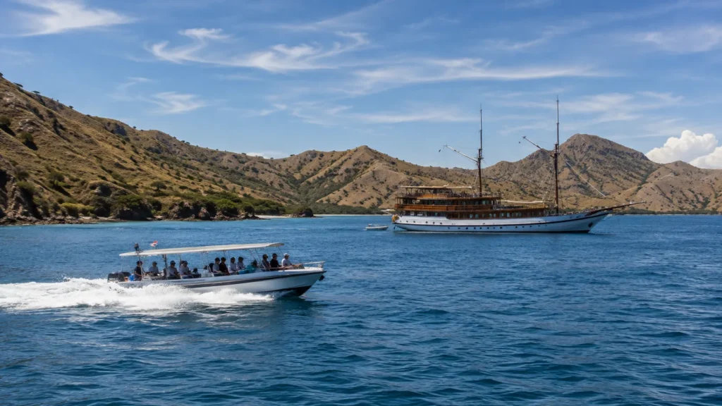Day-trip speedboat crossing past a phinisi anchored in Komodo National Park