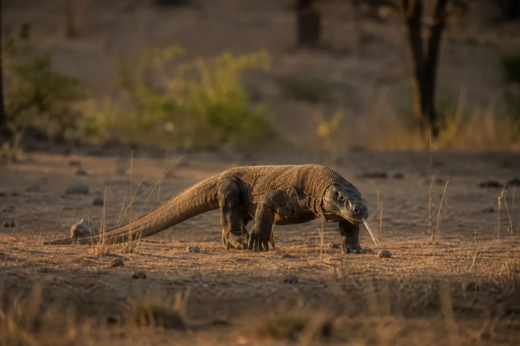 Komodo dragon patrolling dry savannah in early morning light on Rinca Island