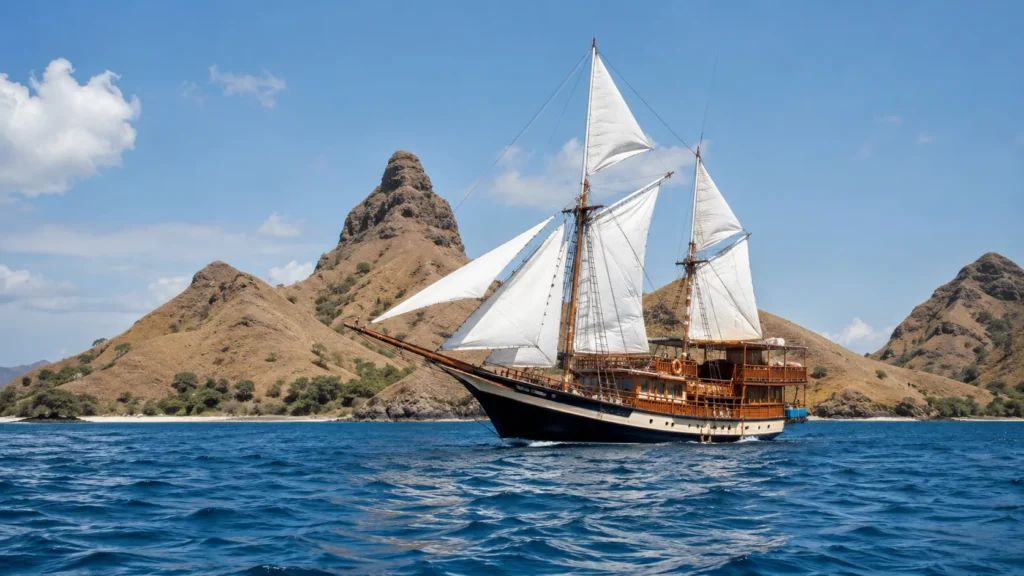 Phinisi sailing past Padar Island on a multi-day Komodo itinerary