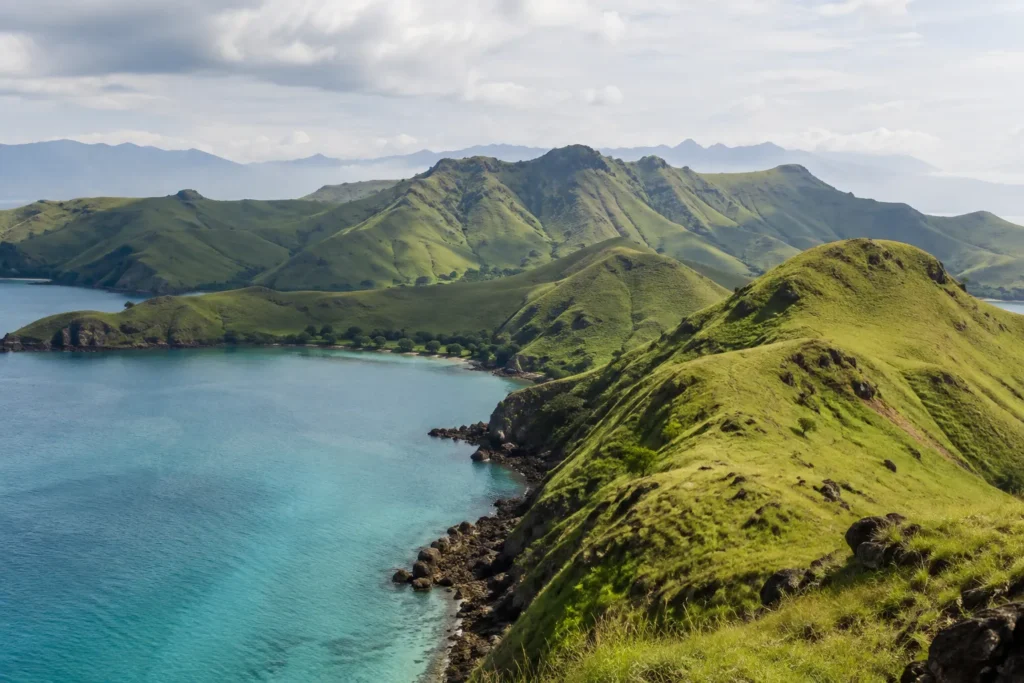Green savannah hills of Komodo National Park in April after the wet season