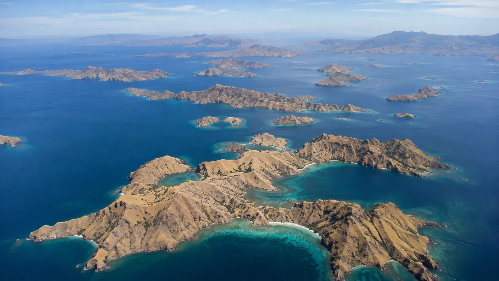 Aerial view of the scattered islands and straits of Komodo National Park