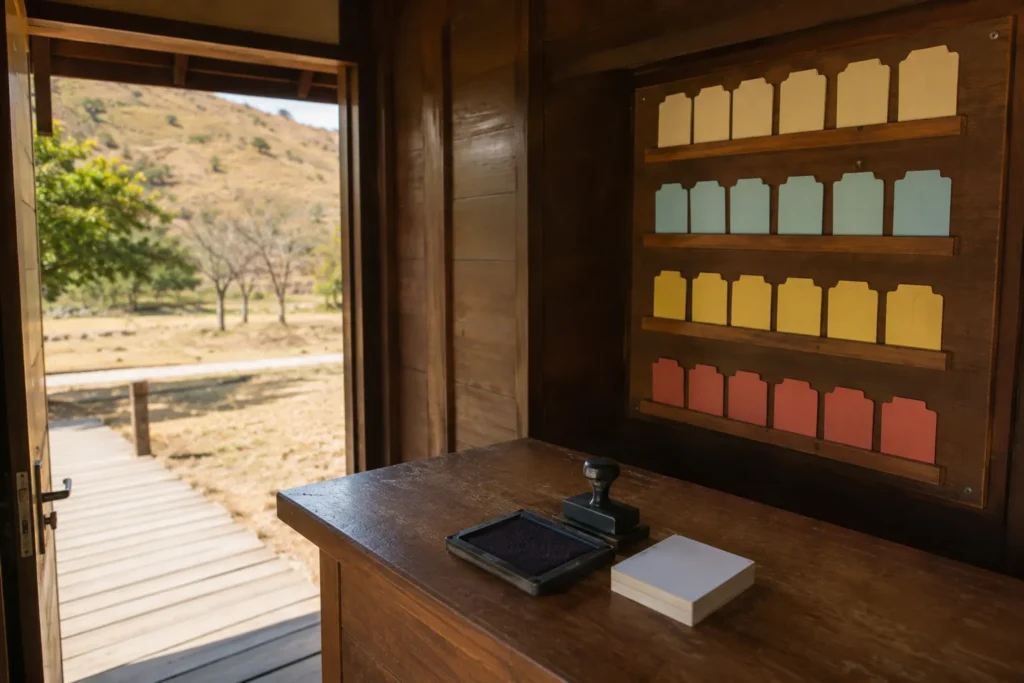 Check-in counter at a Komodo National Park ranger station where entry permits are verified