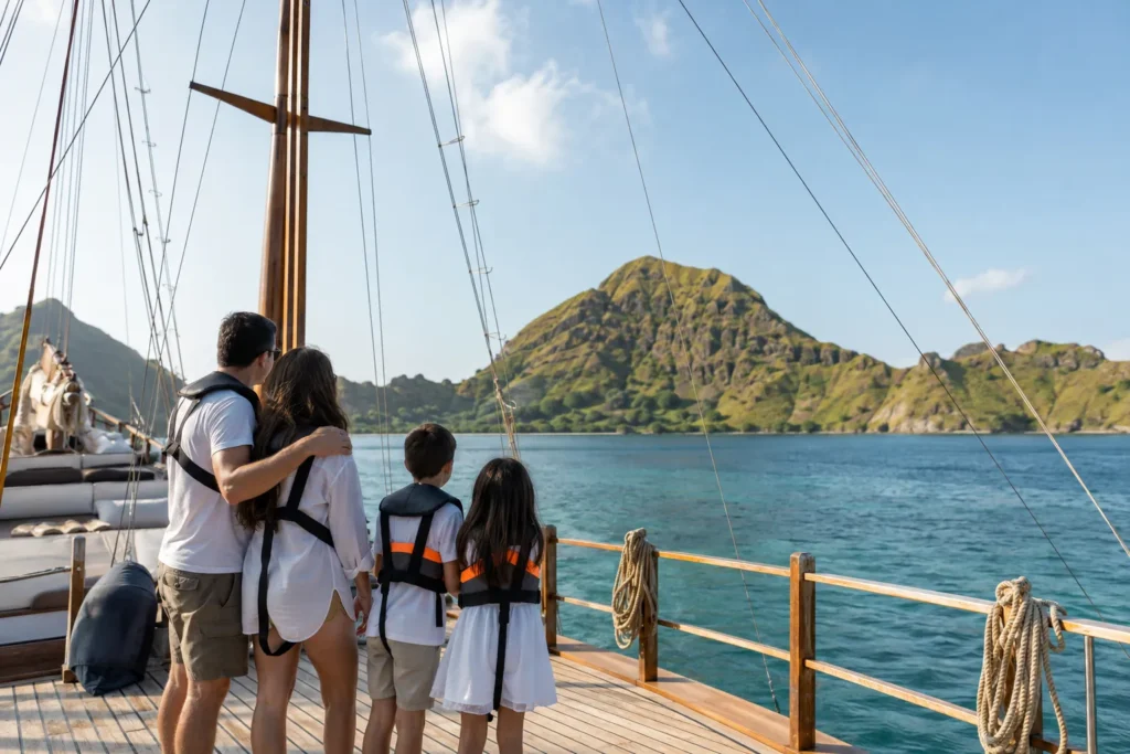 Family with children in life jackets on the deck of a phinisi in Komodo