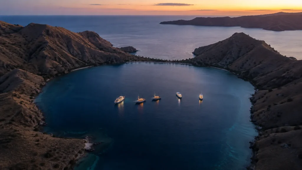 Aerial view of liveaboard boats anchored in a sheltered Komodo bay at dusk