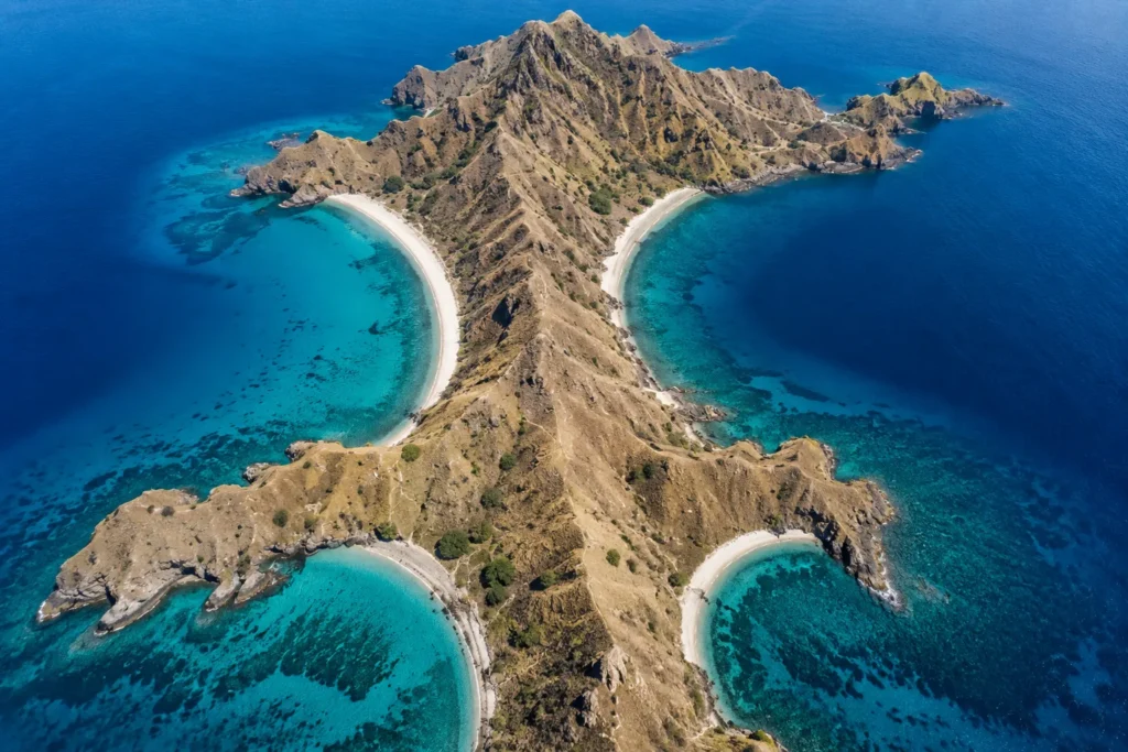 Aerial view of the hourglass shape of Padar Island in Komodo National Park