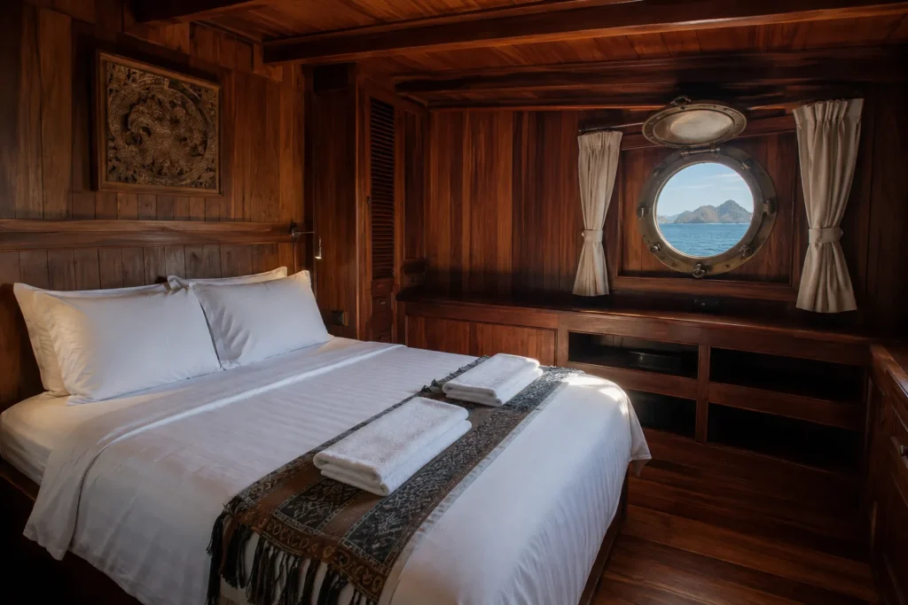 Wooden cabin interior aboard a phinisi liveaboard in Komodo
