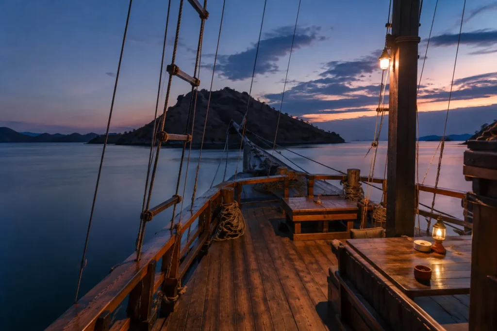 Deck of a phinisi at a sheltered Komodo anchorage in calm dry-season conditions