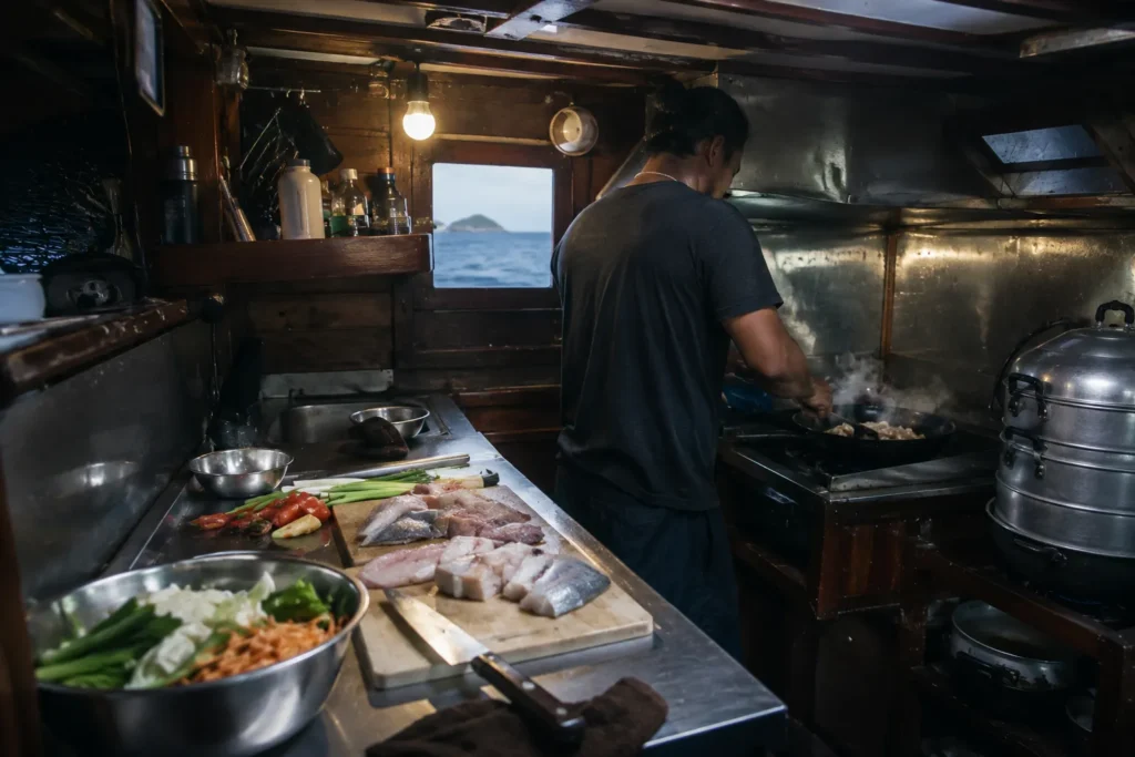 Cook preparing a meal in the galley of a phinisi liveaboard in Komodo