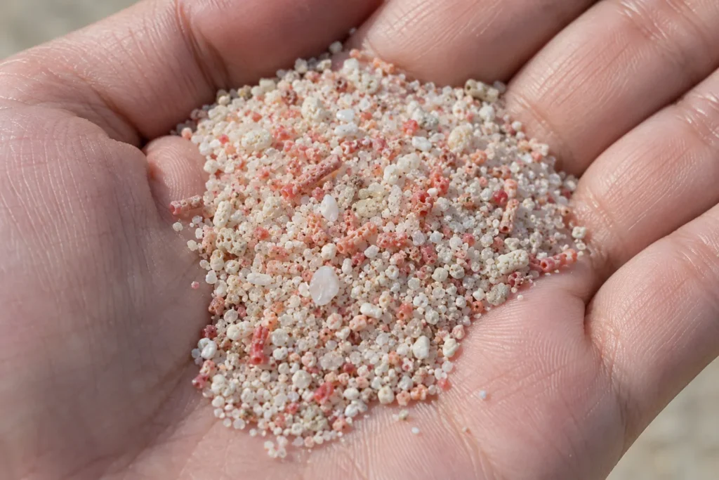 Close-up of white sand mixed with red coral fragments that give Pink Beach its colour